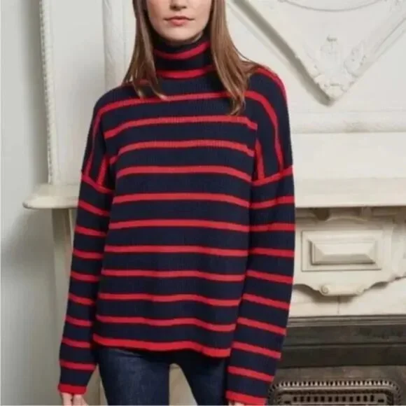 EUC La Ligne Navy and Red Striped Merino Wool Turtleneck Sweater - Size S - Picture 1 of 6